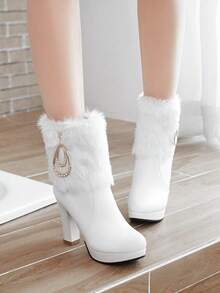 Women's Ankle Boots Platform Boots Side Zip Chunky Heel Booties With Fur Round Toe Leather Winter Boots For Women - 白色 - 查看 5