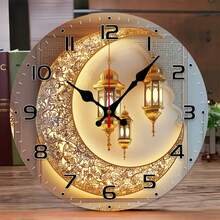 10inch Golden Moon Lantern Festival Background Wall Clock - European Style Silent Wooden Wall Clock With Gorgeous Floral Patterns And Golden Lanterns - Battery Operated (AA Batteries Not Included) - Perfect Choice For Living Room, Study Room Decoration, New Year, Valentine's Day Gift - 多色 10x10in(25x25cm) - 查看 2
