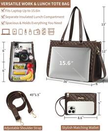 Lunch Tote Bag For Women, 15.6 Inch Laptop Work Bag With Insulated Lunch Box Compartment & Purse Large Capacity Quilted Computer Handbag For Office Business Work Nurse Teacher Moms Travel Casual - 咖啡 - 查看 2