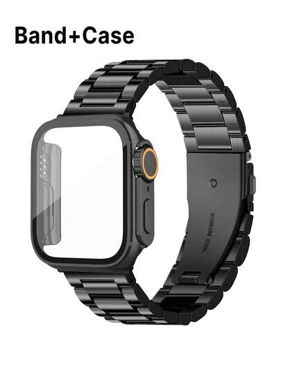 2 件黑色不锈钢金属可调节 表带和 PC 硬框全保护 表壳，防刮防撞，带屏幕保护膜和后盖，适用于 Ultra 3 2 1 系列 10/S9/S8/S7/S6/S5/S4/S3/S2/S1，38 毫米 40 毫米 41 毫米 42 毫米 44 毫米 45 毫米 46 毫米 49 毫米，男女皆宜