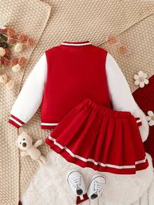 Toddler Girl Valentine's Day Casual Outfit. "Baby Girl" Letter Print Red Baseball Jacket & Pleated Skirt Set. Suitable For Sports, Photo Shoots, Everyday Wear, And Spring And Autumn Seasons. - Red+White - View 2