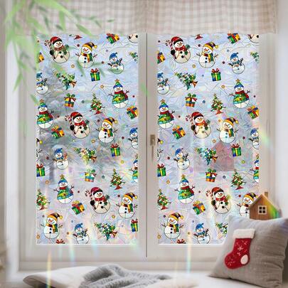 1/3/5 Pcs Christmas Snowman Rainbow Window Sticker Sunshade Privacy Glass Film Suitable For Home Office Decoration Vinyl Decal Party Supplies