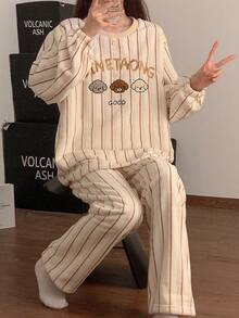 2 Stück Damen bestickter Flanell Flausch Pyjama Set, cartoon gestreift warme Winter Nachtwäsche Anzug, Herbstkleidung