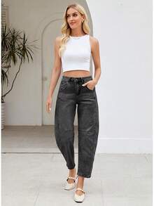 LookbookStore High Waisted Wide Leg Baggy Barrel Jeans Denim Jean Pantshalloween - Màu đen phai - Xem 9