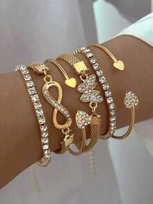 Bộ 30/19/16/14/11/6 đồng xu cổ điển thanh lịch, kim loại, ngọc trai giả, trái tim, bướm, lấp lánh, pha lê, xoắn, bộ vòng tay xích, phong cách Y2K, đeo nhiều lớp, phù hợp cho phụ nữ, mùa thu/đông, ngày lễ, tiệc tùng, hẹn hò, giáng sinh, ngày của mẹ, món quà tuyệt vời nhất - Vàng - Xem 11