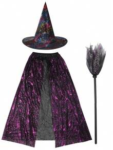 Set da 3 pezzi Mantello, cappello da strega con ragno viola e zucca per travestimento di Ognissanti