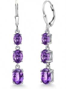 Gem Stone King 3-Stone Leverback Drop Dangle Earrings Women |   925 Sterling Silver |   Gemstone Birthstone |   Oval 8X6MM 7X5MM And 6X4MM |   Fine Jewelry Gifts Her Mom Women Wife - 紫水晶/棋盤格,二月 - 查看 1