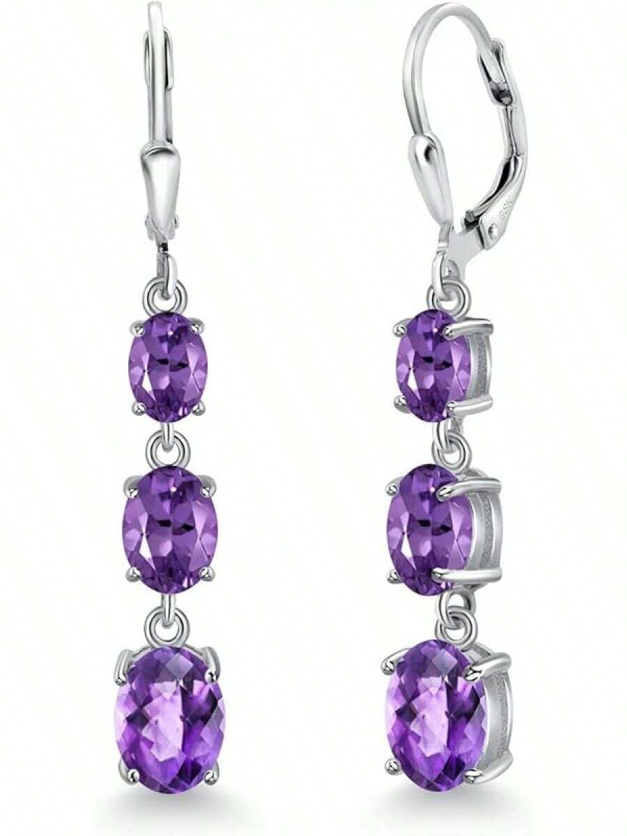 Gem Stone King 3-Stone Leverback Drop Dangle Earrings Women | 925 Sterling Silver | Gemstone Birthstone | Oval 8X6MM 7X5MM And 6X4MM | Fine Jewelry Gifts Her Mom Women Wife - 紫水晶/棋盤格,二月 - 查看 1