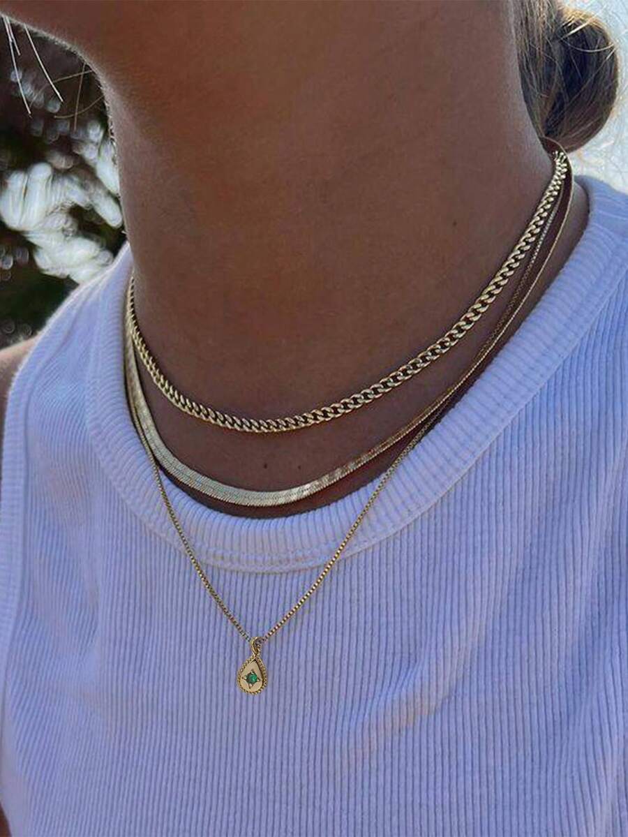 3 Buah Kalung Liontin Minimalis Emas Modis yang Dapat Ditumpuk, Desain Liontin Zirkonia Tembaga, Aksesori Harian Serbaguna untuk Wanita - Yellow Gold - View 1
