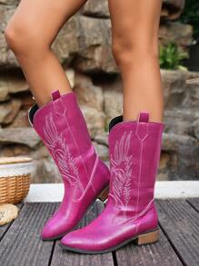 Fall/Winter 2025 Women's New Vintage American Style Embroidered Canvas Pointed Toe Western Boots Charming Sexy Fuchsia Glitter Canvas Chic High Shaft Boots High Heel Chunky Heel Riding Boots Fashionable Punk Style Chelsea Boots,Cowboy Boots - Hot Pink - View 5