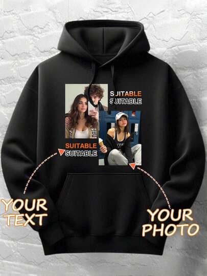 Customized Hooded Sweatshirt For Men, Add Your Text And Photo/Couple/Family/Best Friend/Pet, Halloween/Christmas/Back To School Custom Design, Birthday/Valentine's Day/Anniversary Photo Customization, Men's Black Pullover Hoodie, Men's Casual Hooded Sweatshirt, Autumn Top, Best Friend Gift, Winter Tops, Anniversary Gift, Valentine's Day Gift, Gift For Husband, Gift For Him, Men's Autumn Sweatshirt