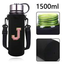 1 件水瓶袋适用于 550ml 750ml 1000ml 1500ml 杯子刺绣字母印花防烫，氯丁橡胶瓶保护架带可调节肩带，适合徒步旅行露营运动水瓶套保温袋斜挎包 - 黑色 - 查看 18