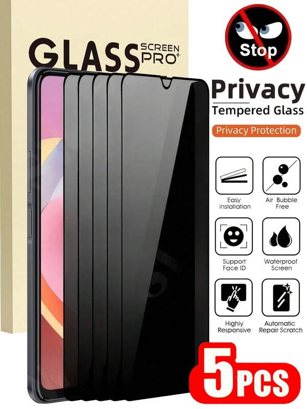 5 Stück Anti-Späh gehärtetes Glas Bildschirmschutz, kompatibel mit Samsung Galaxy/ 17/16//Honor/kompatibel mit iPhone/Redmi und weiteren Modellen, Anti-Spionage, Anti-Sturz, keine Blasen, einfach anzubringen, 9H Härte, explosionsgeschützter Datenschutzfilm, wasserdicht, stoßfest, kratzfest, Anti-Fingerabdruck Vollschutz Bildschirmschutz Essentials, geeignet für täglichen Schutz, Büro, Privatsphäre Zuhause Bildschirmschutz, Handyzubehör Anti-Sturz