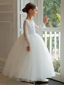 Đầm ren trắng dài tay cho bé gái tuổi teen, kiểu dáng công chúa thanh lịch, thích hợp cho các bữa tiệc ngày lễ, sinh nhật, ngày Valentine, dạ hội, bé gái cầm hoa, phù dâu, lễ cưới. - trắng - Xem 6