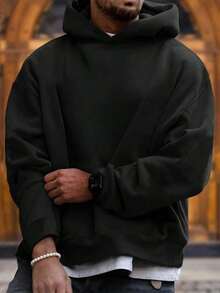 Sudadera con capucha casual de unicolor, de manga larga y hombros caídos, con cordón y bolsillo, para hombres, otoño/invierno, vuelta al colegio - Negro - Ver 4