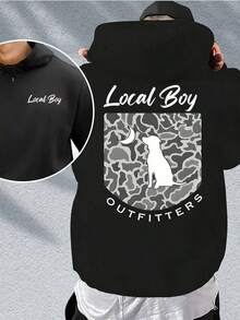 Local Men's Patterned Hoodie,With Pocket,Regular Casual Pullover,Suitable For Autumn And Winter,Machine Washable Fashion Printed Sweatshirt - 黑色 - 查看 2