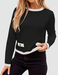 Women's Fall Sweaters 2025 Long Sleeve Crewneck Knit Color Block Lightweight Pullover Tops Clothes - Bầu trời - Xem 8
