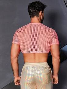 Men's Fishnet Mesh Tee Shirt Round Neck Short Sleeve Crop Top - Màu Hồng Tươi - Xem 3