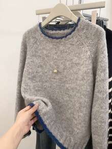 Women's Fashion Pullover Sweater, Grey Knitted Fabric, Long Sleeve Round Neck, Regular Fit, Casual Top For Autumn