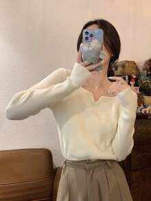 女式方领罗纹针织长袖毛衣，秋冬分层上衣 - 杏色 - 查看 5