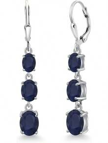 Gem Stone King 3-Stone Leverback Drop Dangle Earrings Women |   925 Sterling Silver |   Gemstone Birthstone |   Oval 8X6MM 7X5MM And 6X4MM |   Fine Jewelry Gifts Her Mom Women Wife - 藍寶石,九月 - 查看 1