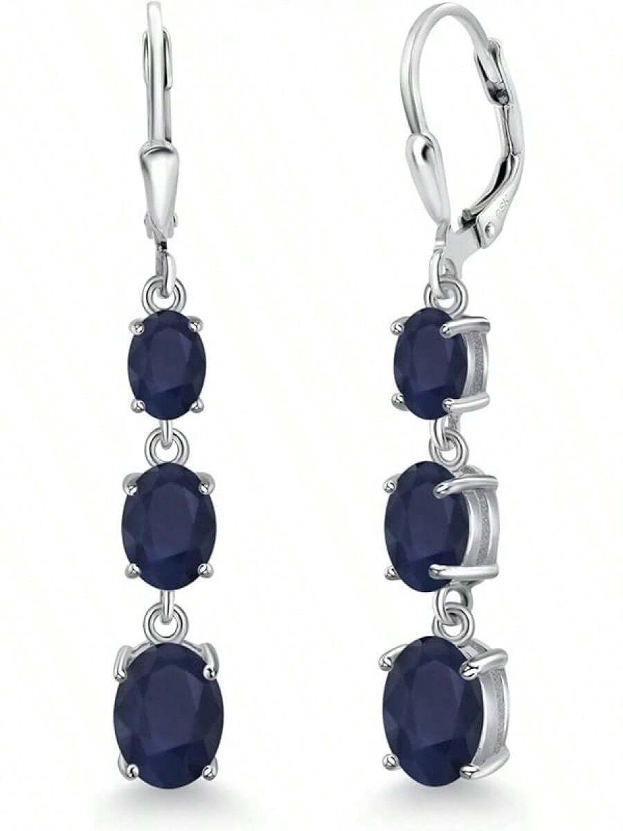Gem Stone King 3-Stone Leverback Drop Dangle Earrings Women | 925 Sterling Silver | Gemstone Birthstone | Oval 8X6MM 7X5MM And 6X4MM | Fine Jewelry Gifts Her Mom Women Wife - 藍寶石,九月 - 查看 1
