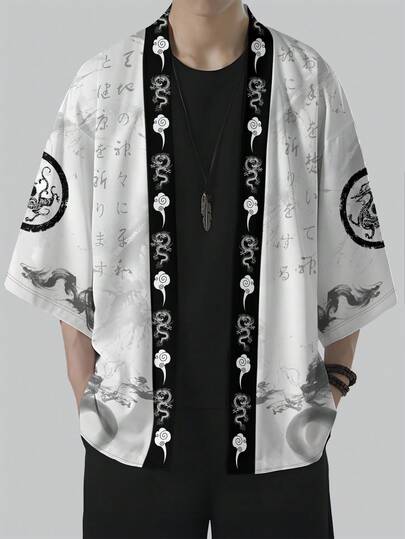 男士休闲和服开衫，武士正义印花图案和服，休闲夏季服装