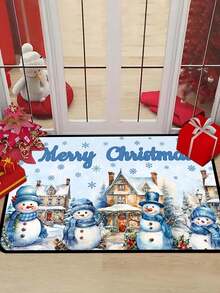 1/16Pcs 40*60cm Christmas Door Mat Decorative Floor Mat, Merry Christmas Blue Snowman Pattern With Christmas Light House Pattern, Suitable For Indoor Living Room, Kitchen, Hallway Entrance, Christmas Home Decor Fabric - Multicolor - View 3