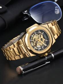 LONGLUX 1pc Men's Hollow Automatic Mechanical Watch With Butterfly Buckle Steel Band, Business Watch - Vàng - Xem 4