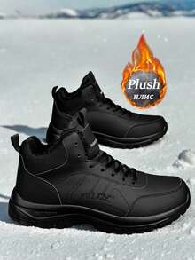 2025男士运动鞋冬季毛绒徒步鞋防水皮革保暖雪地靴男工作休闲鞋防滑踝靴 - 黑色 - 查看 1