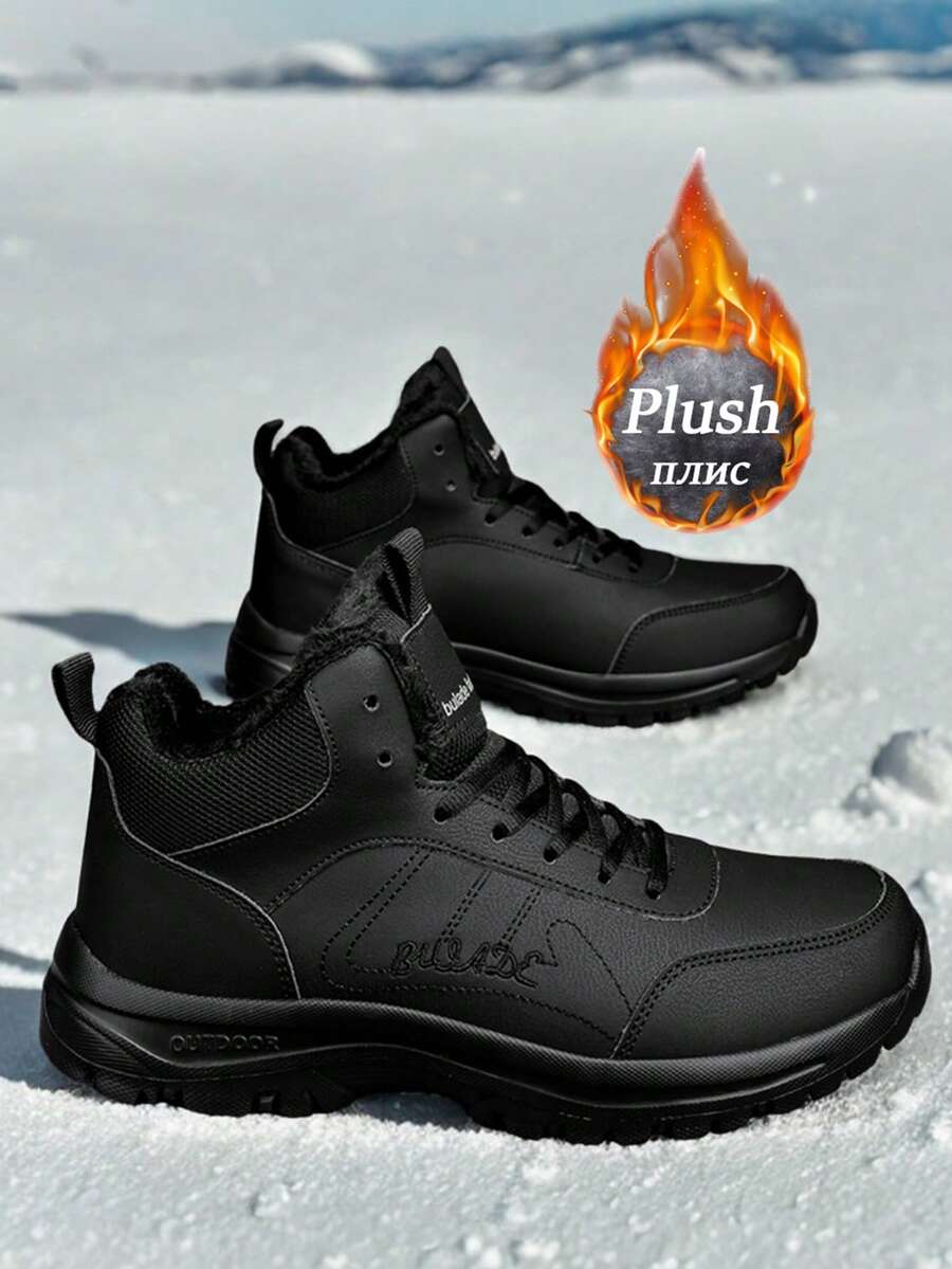 2025男士运动鞋冬季毛绒徒步鞋防水皮革保暖雪地靴男工作休闲鞋防滑踝靴 - 黑色 - 查看 1