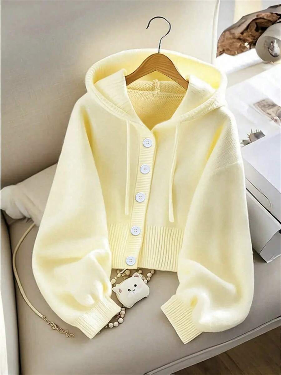 Áo khoác cardigan trùm đầu rộng rãi cho nữ - Thiết kế nút cài phía trước thoải mái, Áo len dệt kim thường ngày cho mùa thu/đông - Màu vàng - Xem 1