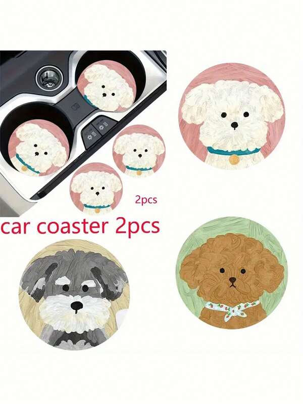 [Adorable Dog Print Car Pads] 2 Adorable Dog Print Absorbent Car Cup Holder Pads | Rubber, Easy To Clean, Suitable For Most Cars, Trucks & Home Office Desktops - Car Interior Accessories For Women & Men