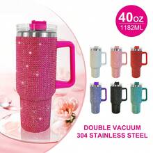 40oz Tumbler With Handle & Straw Lid, Studded Bling Design, Stainless Steel Double Wall Vacuum Insulated, Travel Mug Water Bottle, Fits Cup Holder - 黑色 - 查看 5