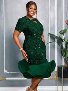 AOMEI Plus Size Sequin Mermaid Ruffle Hem Gorgeous Festival Party Dress Short Sleeve Wedding Guest Outfits