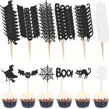 12/24pcs Halloween Cupcake Decorations - Witch, Bat, Spider Web, BOO, Black Cat Ghost, Horror Themed Party Decorations, And Non-Electrical Dessert Accessories, Holiday Party Supplies, Durable Scary Design-Halloween-Halloween Decorations-Halloween Decoration-Cake Decorations