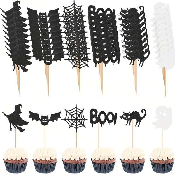 12/24pcs Halloween Cupcake Decorations - Witch, Bat, Spider Web, BOO, Black Cat Ghost, Horror Themed Party Decorations, And Non-Electrical Dessert Accessories, Holiday Party Supplies, Durable Scary Design-Halloween-Halloween Decorations-Halloween Decoration-Cake Decorations