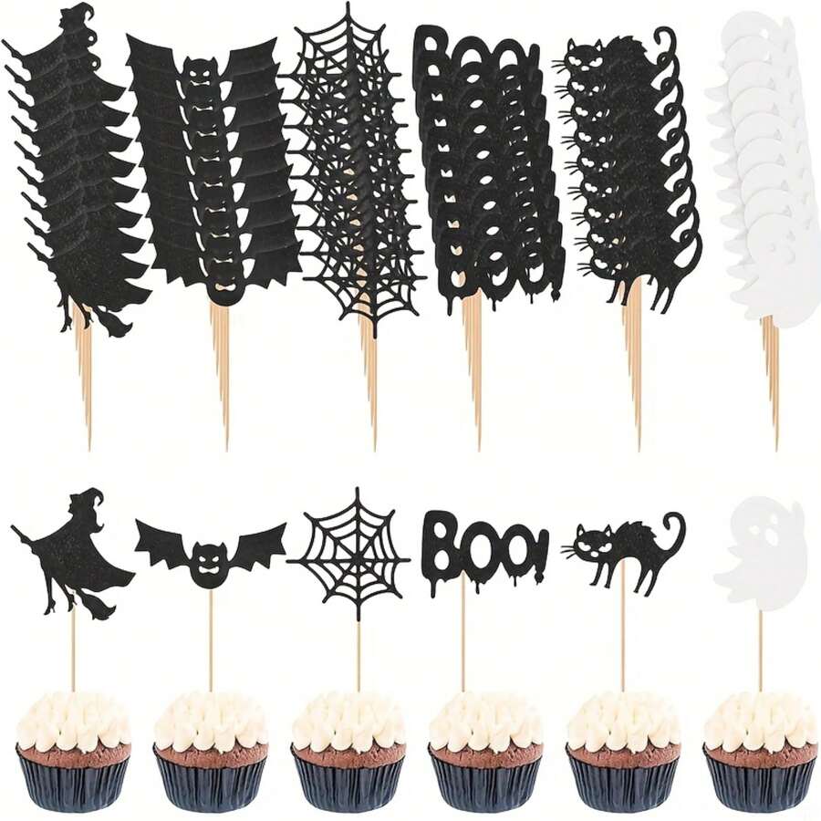 12/24pcs Halloween Cupcake Decorations - Witch, Bat, Spider Web, BOO, Black Cat Ghost, Horror Themed Party Decorations, And Non-Electrical Dessert Accessories, Holiday Party Supplies, Durable Scary Design-Halloween-Halloween Decorations-Halloween Decoration-Cake Decorations