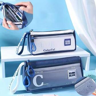 蓝色铅笔盒 | 铅笔盒 | 可爱铅笔盒 | 铅笔盒美学 | 蓝色铅笔盒 | 大容量铅笔盒 | 女孩铅笔盒 | 男孩铅笔盒 | 高中铅笔盒 | 防污铅笔盒，文具收纳，可手洗或机洗 - 可爱的水豚和食物印花设计，大容量透明帆布铅笔盒，多功能收纳袋，适用于学校、办公室、旅行，创意设计耐用拉链封口