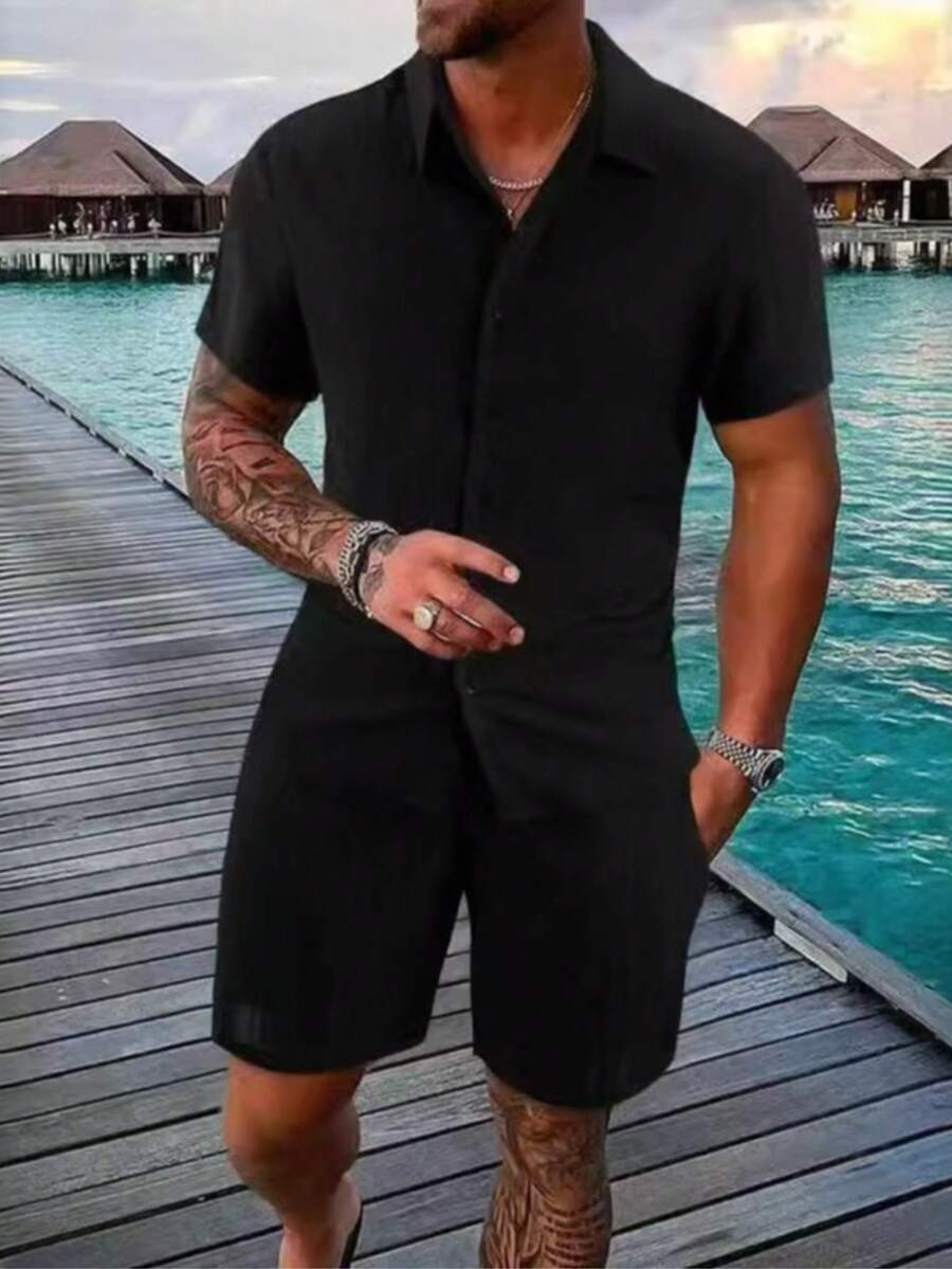 Summer Men's Casual Solid Color Shirt Short Sleeved Beach Pants Set 2-Piece Set - Black - View 1