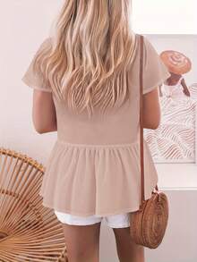 Womens Short Sleeve V Neck Babydoll Peplum Blouse Button Down Loose Casual Top - Hồng - Xem 3
