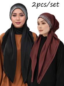 1 pieza/2 piezas Pañuelo musulmán de color liso con rhinestones para mujer, turbante de moda versátil adecuado para uso diario con vestido