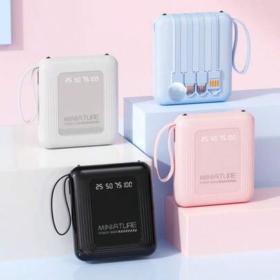 1 st 10000mAh powerbank med 4 inbyggda laddningskablar, levereras med rem, kompatibel med iPhone/Android, kan ha fantomladdning initialt men visar normal laddning efter 2 cykler, perfekt present till män och kvinnor