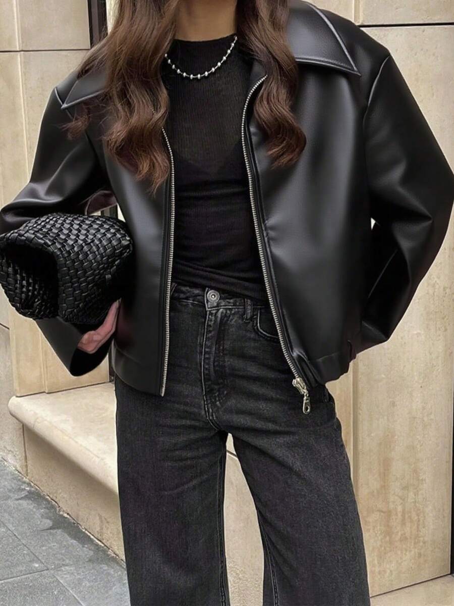 Women Solid Color Zipper Casual Versatile Long Sleeve Coat Brown Faux Leather Mottled Texture Belted Hem Biker Coat Vintage Distressed Leather Winter Women Women Coats Thanksgiving Women Winter Women Coat Christmas Women Christmas Winter Coat - Black - View 1