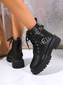 2025新款女士厚底复古百搭英伦风踝靴，适合春秋季 - 黑色 - 查看 6