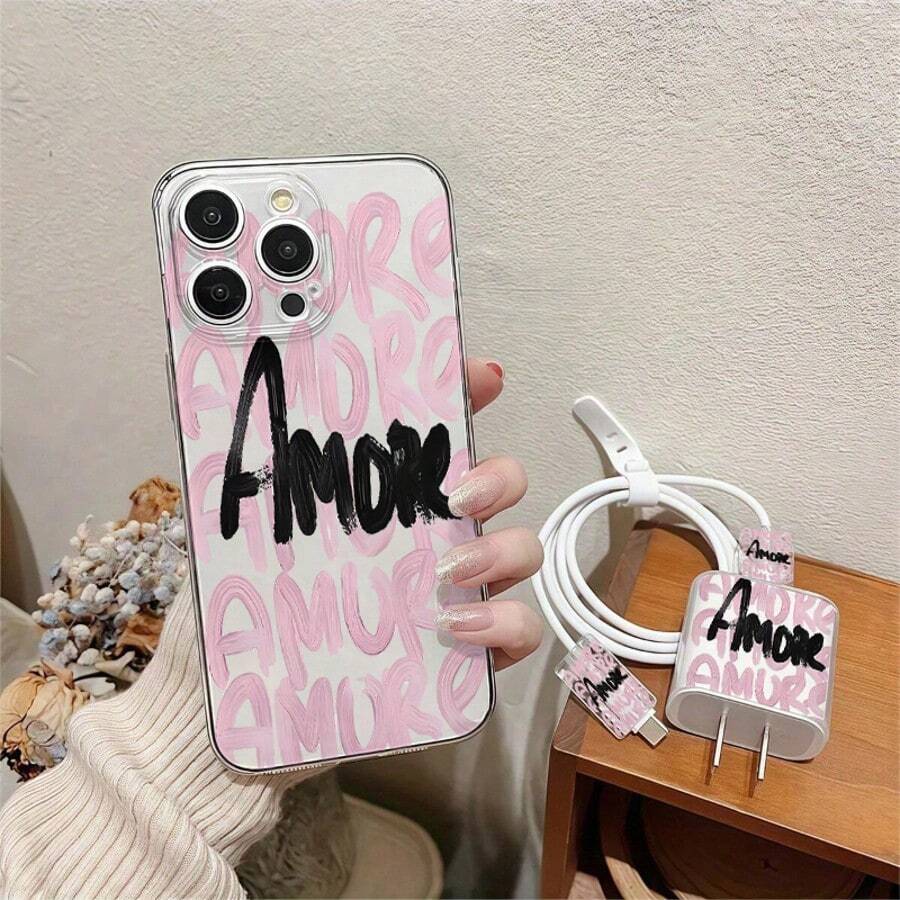 5pcs Letter AMORE Pattern Phone Case Compatible With IPhone11/12/13/14/15/16/11pro/12pro/13pro/14pro/15pro/16pro/7/8, Redmi, Infinix, Nothing, TPU Shockproof Anti-Slip Personalized - Clear - View 1
