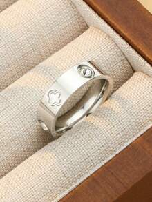 1pc 18K Gold Plated Women's Fashion Simple & Versatile Four-Leaf Flower Cubic Zirconia Stainless Steel Ring, Waterproof & Fade-Resistant, Suitable For Daily Wear, Parties, Gifts For Friends & Family