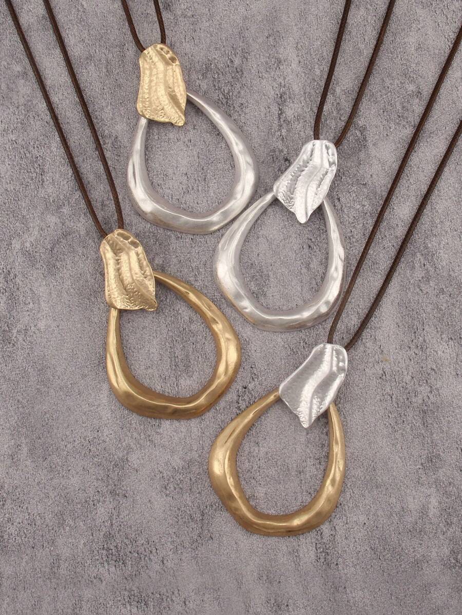 1pc Minimalist Gold & Silver Tone Alloy Bohemian Water Drop Pendant Necklace, Vintage Artistic Beach Style Necklace For Women, Couples, Daily Wear - Wax Rope - View 1