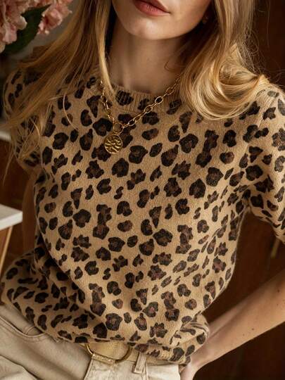 Women's Knitted Round Neck Short-Sleeved Leopard Print Knitted Pullover, Classic Casual Style, Suitable For Daily Travel Commuting Sweater Autumn Women's Clothing