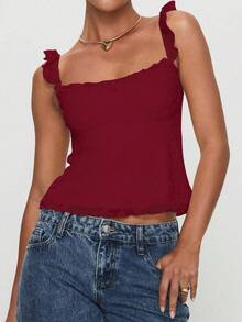 性感蕾丝设计，荷叶边肩带，蝴蝶结装饰，蕾丝拼接无袖上衣，春夏新款休闲装 - 酒紅色 - 查看 5